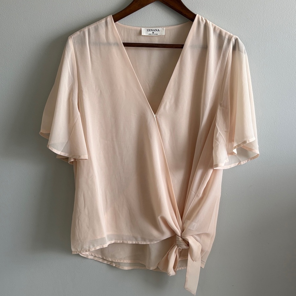 Blush Wrap Tie‎ Front Blouse Flutter Sleeve Boho Top M